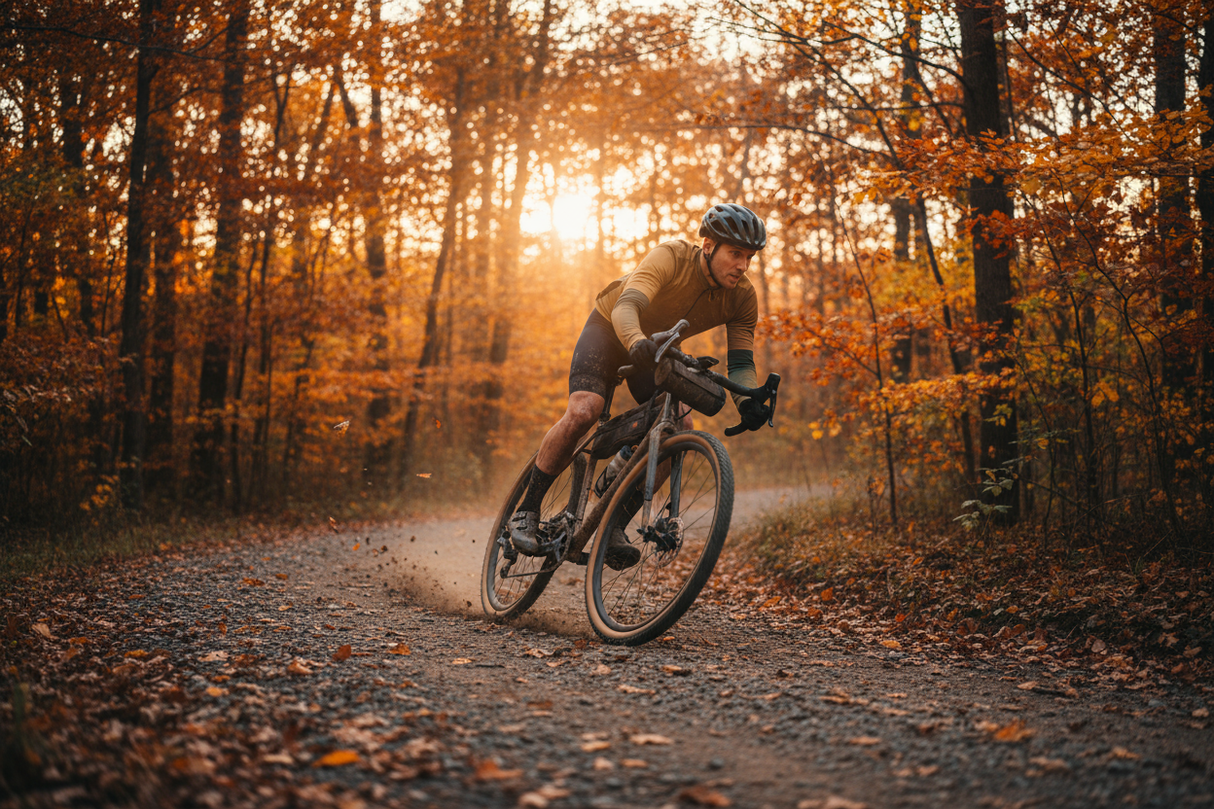 vorrei foto scale gravel 20 con biker in azione su terreno fuoristrada stagione autunnale